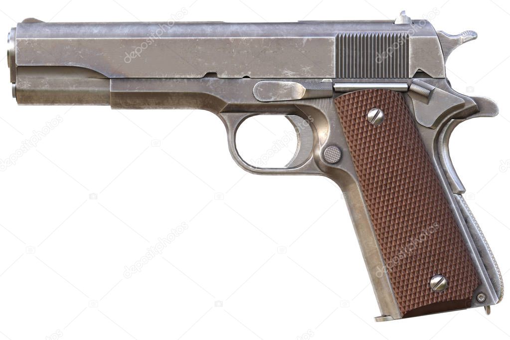 Semi-automatic pistol. Isolated on white background. 3d rendering.
