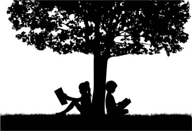 Elinde kitap olan insanların siluetleri..