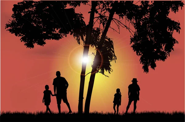 Family Walk Sunset — Stock Vector