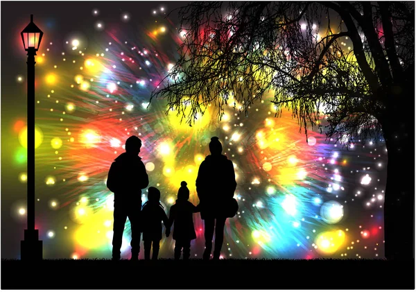 Fireworks Party Silhouette Family — Stock Vector