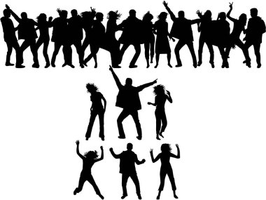Dans eden insanlar siluetleri. Vektör.