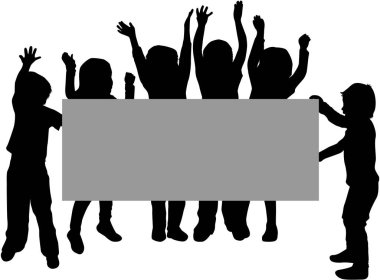 Çocuk bir poster ya da bir tabela holding.