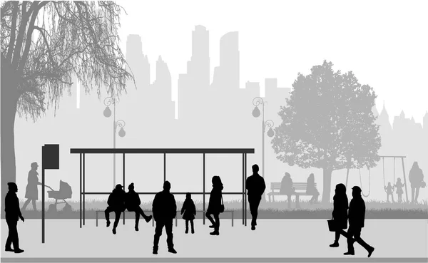 Mensen silhouetten stedelijke achtergrond. — Stockvector