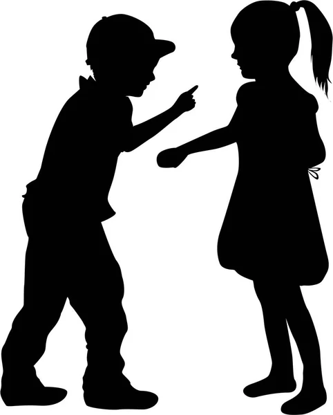 Two children talking, black silhouettes conceptual. — Stock Vector