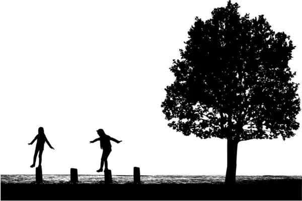 Children silhouette in nature . — Stock Vector