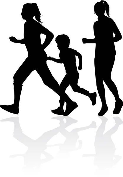 Running familie-zwarte silhouetten van mensen — Stockvector