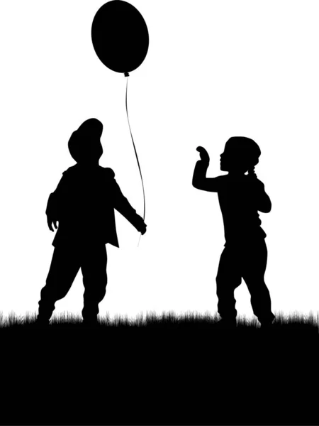 Silhouet van kinderen met ballon. — Stockvector