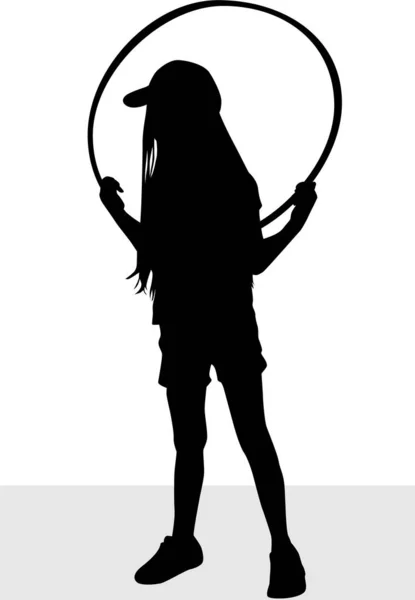 Girl playing with hula hoop, silhouette vector. — Stock Vector