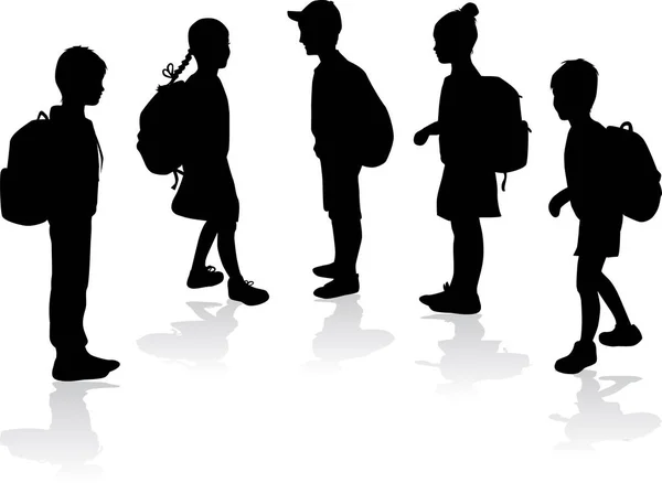 Silhouettes of a children with a backpack . — Stock Vector