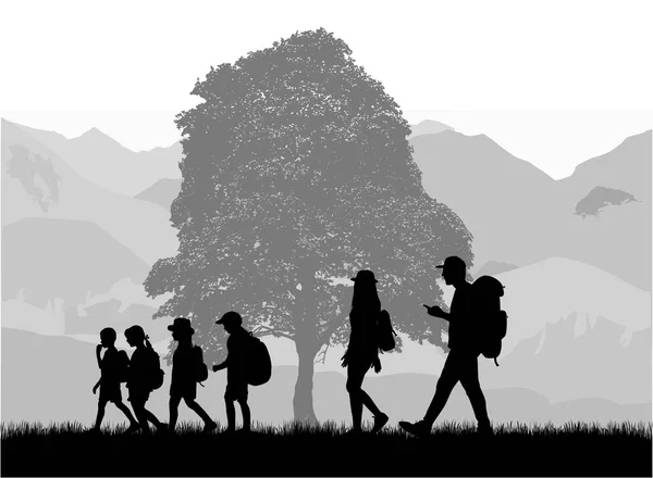 Silhouette Famille Montagnes Arrière Plan — Image vectorielle