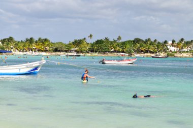Akumal, Meksika - 8 Ocak 2017: İnsanlar Akumal Körfezi 'nde şnorkelle yüzüyor.