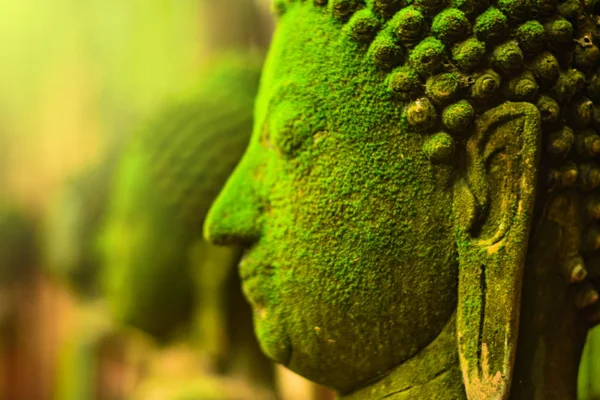 Buddha head worn out. Outdoors in Thailand, Laos, Myanmar, Cambodia, India, Sri Lanka, with green moss growing in the rainy season.