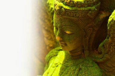 Kumtaşı, tanrıça, tanrıça, sanat Hinduizm inanç göre heykeli. Hindu Brahman Hindistan, Sri Lanka, Myanmar, Tayland, Laos, Kamboçya, Endonezya olduğunu açık havada yer alan ve moss yeşil çimen var..