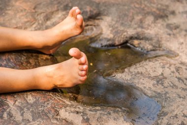 Etobur dinazor ayak izleri damgalı üzerinde kumtaşı. Jeolojik olarak kabul. Birkaç yüz milyon yaşında. Jurassic dönem beri