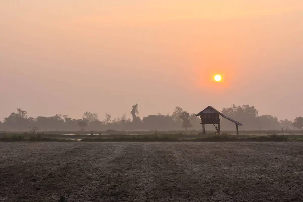 Hut Terra Onde Água Começou Secar Rachado Amanhecer — Fotografia de Stock