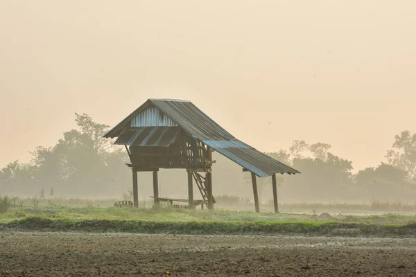 Hut Terra Onde Água Começou Secar Rachado Amanhecer — Fotografia de Stock