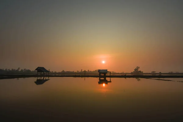 Das Land Das Wasser Trocknen Begann Rissig Und Der Morgendämmerung — Stockfoto