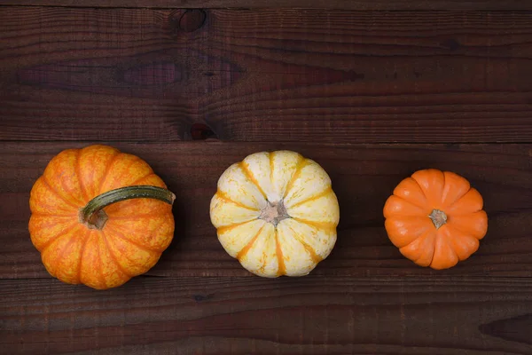 Herbststillleben Drei Dekorative Kürbisse Auf Einem Rustikalen Holztisch — Stockfoto