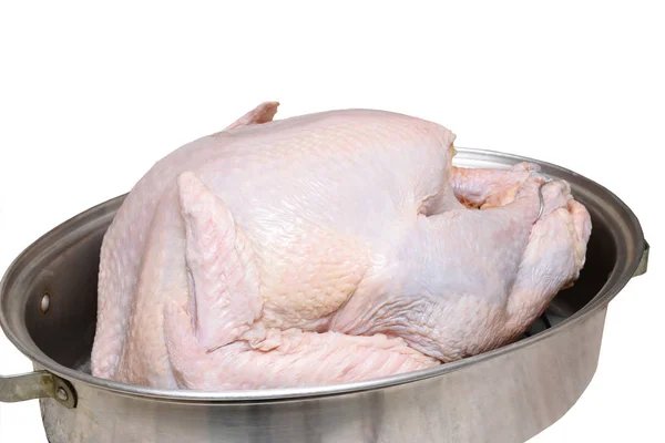 Close Van Een Ongekookt Thanksgiving Kalkoen Pan Ioslated Wit Roosteren — Stockfoto