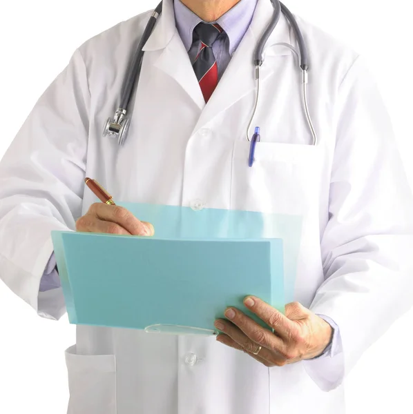 Unrecognizable Doctor Writing Patients Chart Light Gray Background Vertical Composition — Stock Photo, Image