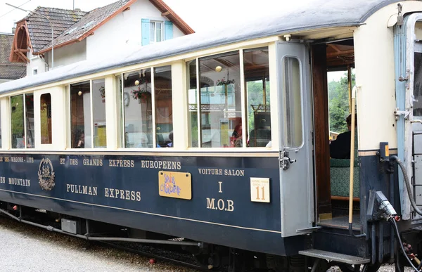 Broc Switzerland July 2014 Chocolate Train Station Luxury Tourist Train — Stock Photo, Image