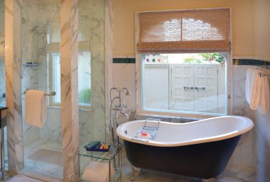 Udaipur, Hindistan - 21 Ocak 2017: Banyo Oberoi Udaivilas Otel'de. PICHOLA gölün kıyısında yer alan otel üzerinde elli dönüm, yirmi dönümlük yaban hayatı kutsal içeren bulunuyor.
