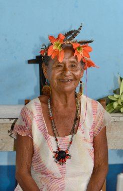 Santa Ana Köyü, Peru - 16 Ekim 2015: Şaman Iquitos, Peru yakınlarındaki Santa Ana kasabada. Tıp kadın bir Amazonia kültür entegre parçasıdır. 