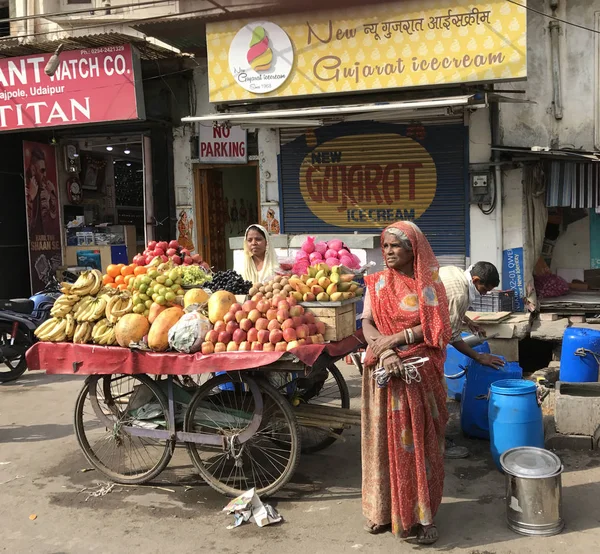 Udaipur India Januari 2017 Gatuförsäljare Med Frukt Och Grönsaker Vagn — Stockfoto