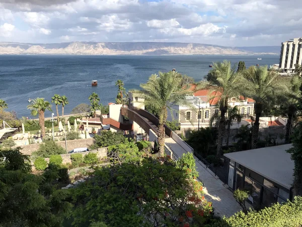 Tiberias Israël Mei 2018 Schotten Hotelterrein Met Uitzicht Het Meer — Stockfoto