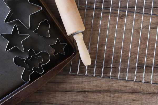 Closeup Overhead View Group Assorted Cookie Cutters Baking Sheet Rolling — Stock Photo, Image