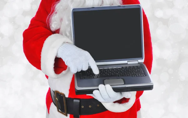 Closeup Santa Claus Holding Laptop Computer Shopping Cyber Monday — Stock Photo, Image