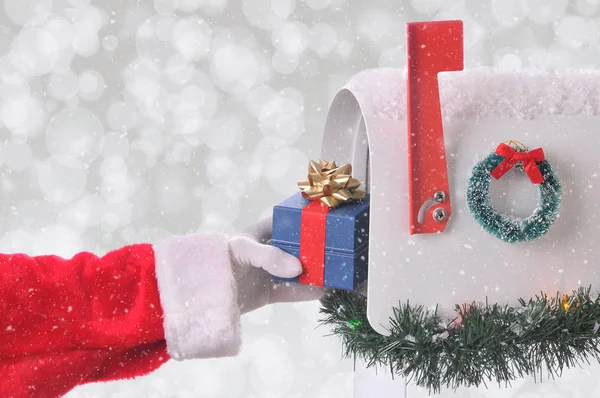Closeup Santa Claus Placing Small Present Open Mail Box Horizontal — Stock Photo, Image