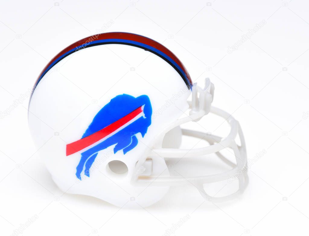 IRVINE, CALIFORNIA - AUGUST 30, 2018: Mini Collectable Football Helmet for the Buffalo Bills of the American Football Conference East.