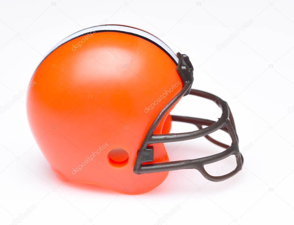 IRVINE, CALIFORNIA - AUGUST 30, 2018: Mini Collectable Football Helmet for the Cleveland Browns of the American Football Conference North.