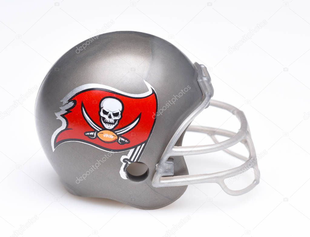 IRVINE, CALIFORNIA - AUGUST 30, 2018: Mini Collectable Football Helmet for the Tampa Bay Buccaneers of the National Football Conference South.