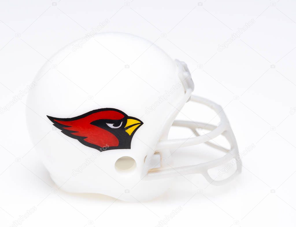 IRVINE, CALIFORNIA - AUGUST 30, 2018: Mini Collectable Football Helmet of the Arizona Cardinals National Football Conference West.