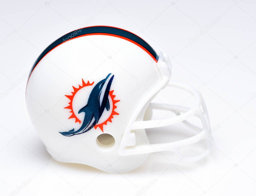 IRVINE, CALIFORNIA - AUGUST 30, 2018: Mini Collectable Football Helmet for the Miami Dolphins of the American Football Conference East.