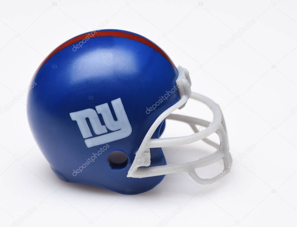 IRVINE, CALIFORNIA - SEPTEMBER 5, 2018: Mini Collectable Football Helmet for the New York Giants of the National Football Conference East.