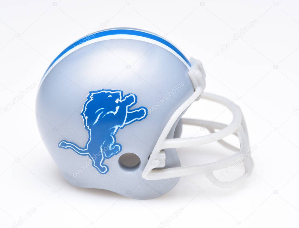 IRVINE, CALIFORNIA - AUGUST 30, 2018: Mini Collectable Football Helmet for the Detroit Lions of the National Football Conference North.