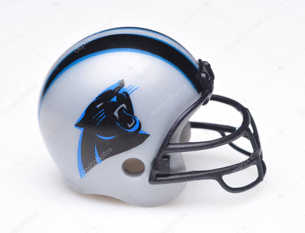 IRVINE, CALIFORNIA - AUGUST 30, 2018: Mini Collectable Football Helmet for the Carolina Panthers of the National Football Conference South.
