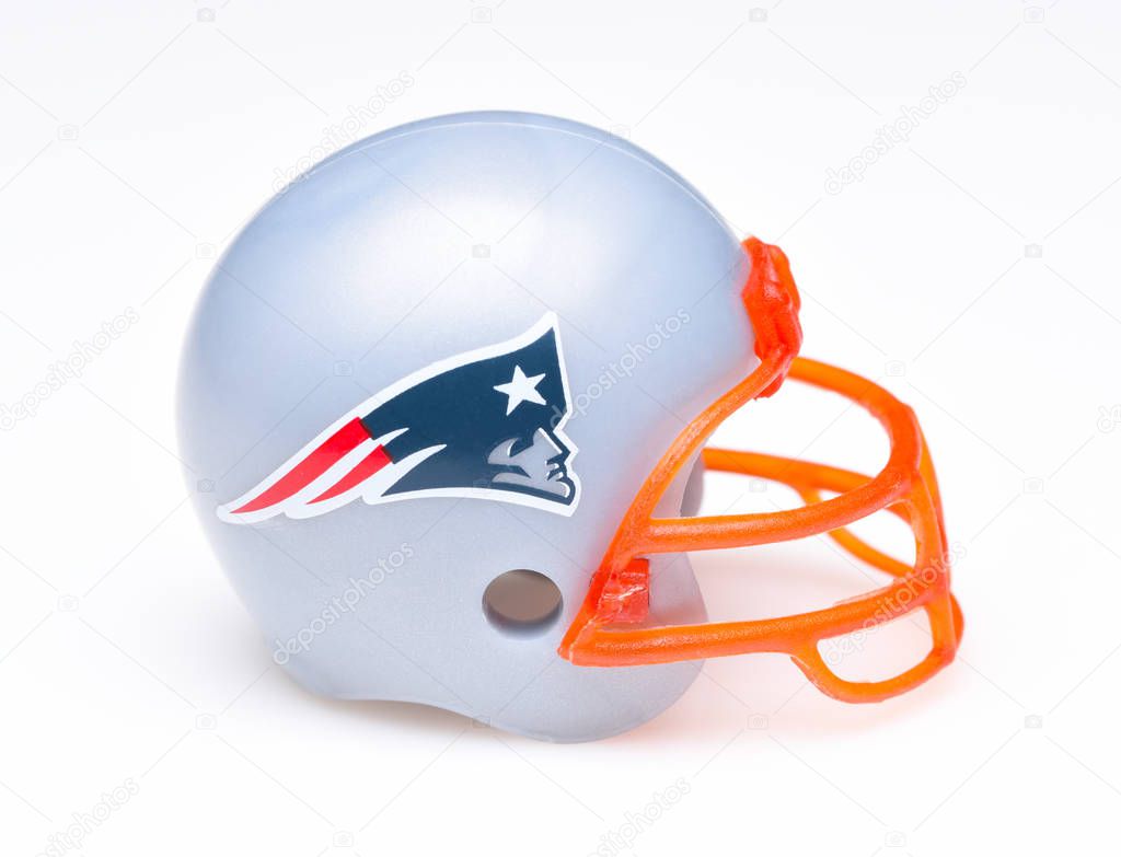 IRVINE, CALIFORNIA - AUGUST 30, 2018: Mini Collectable Football Helmet for the New England Patriots of the American Football Conference East.
