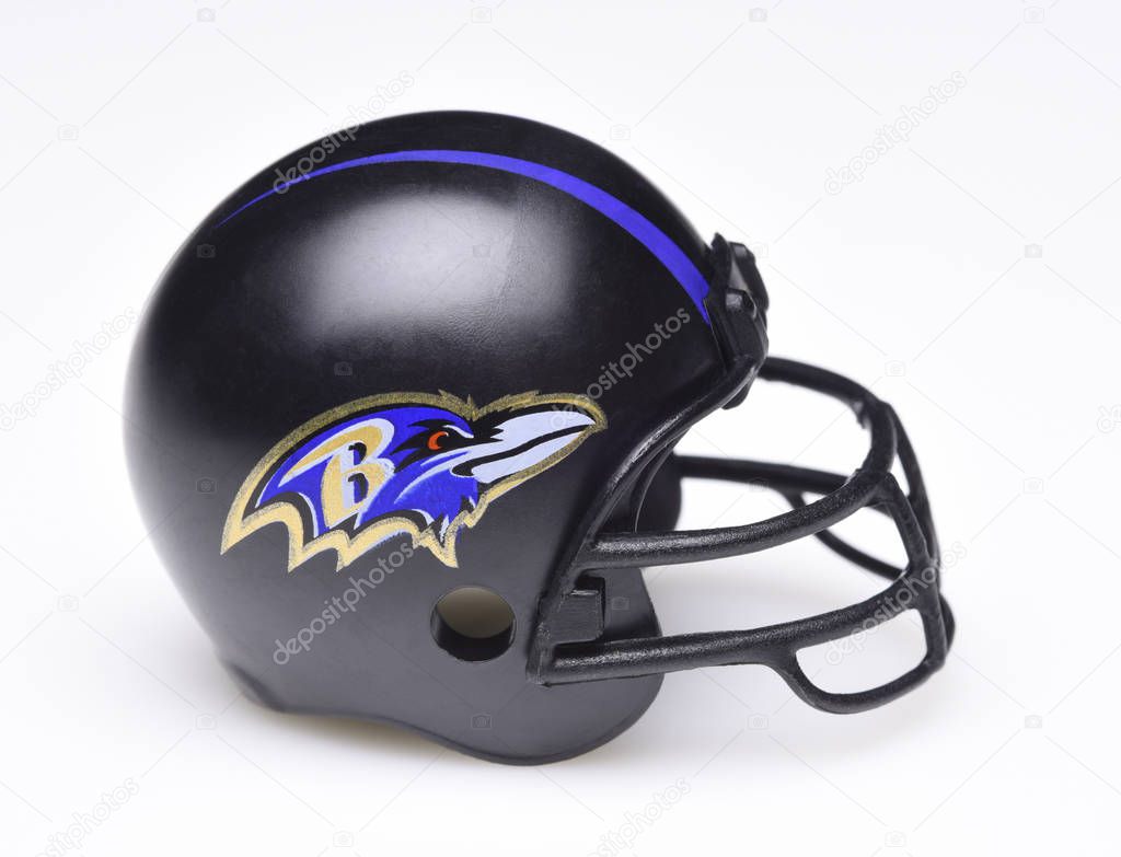 IRVINE, CALIFORNIA - AUGUST 30, 2018: Mini Collectable Football Helmet for the Baltimore Ravens of the American Football Conference North.