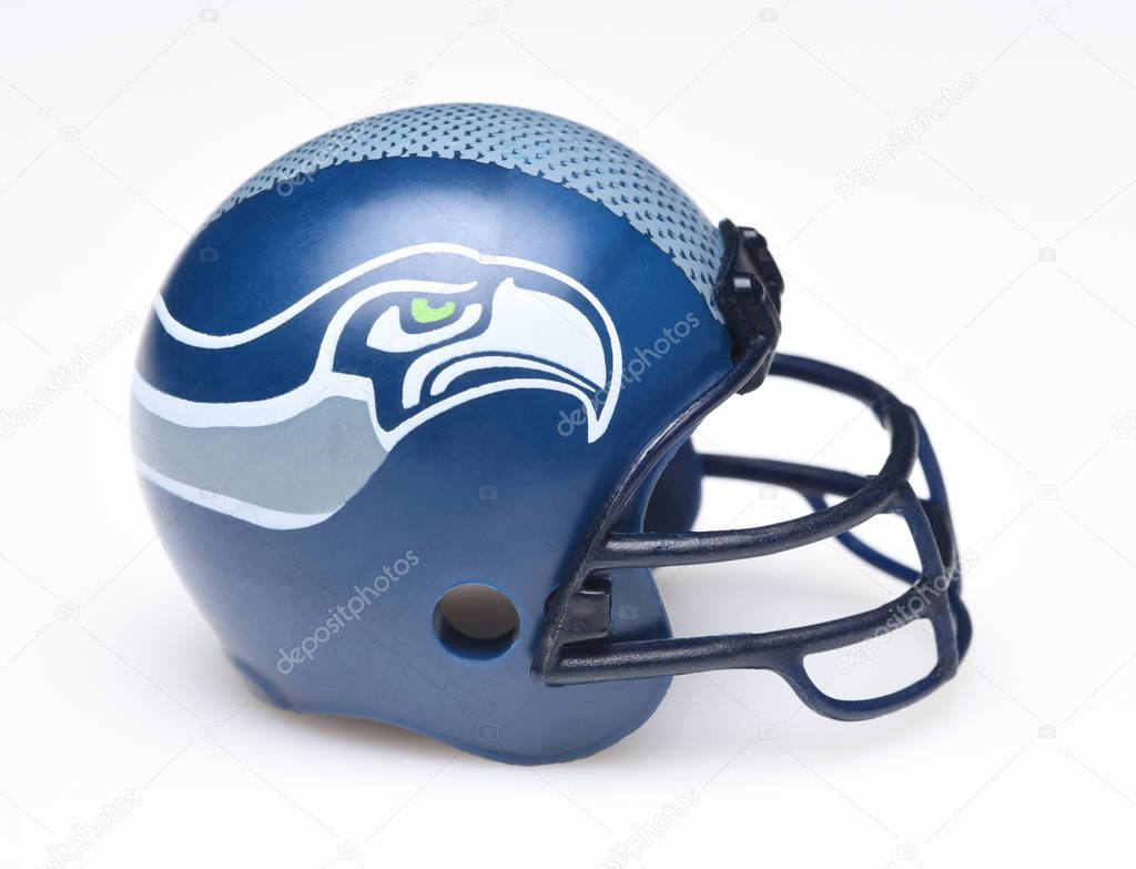 IRVINE, CALIFORNIA - AUGUST 30, 2018: Mini Collectable Football Helmet for the Seattle Seahawks of the National Football Conference West.