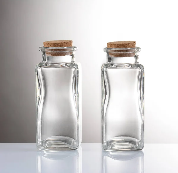 Empty Apothecary Bottles Light Gray Gradient Background Both Bottles Have — Stock Photo, Image