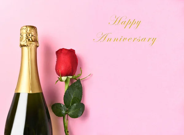 Happy Anniversary Day Closeup Bottle Champagne Single Red Rose Pink — Stock Photo, Image