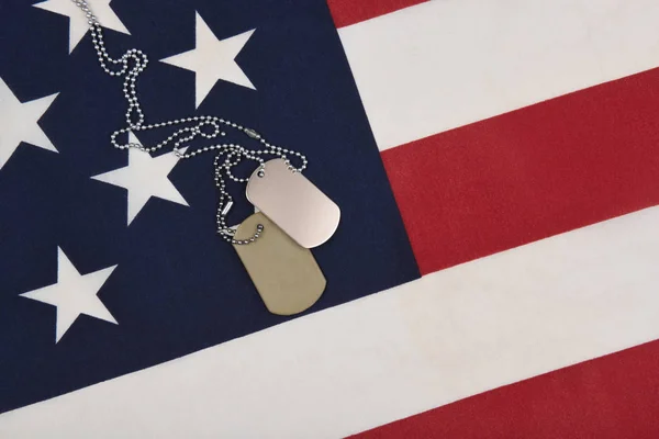Closeup Placas Identificação Militares Campo Estrela Azul Bandeira Americana — Fotografia de Stock