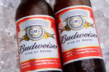 Irvine, Ca - 27 Mayıs 2014: İki şişe Budweiser bir yatakta buz. Anheuser-Busch InBev Budweiser yerli bira Amerika Birleşik Devletleri'nde en çok satan biridir.