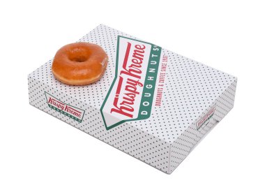 IRVINE, CALIFORNIA - JANUARY 24, 2016:  Krispy Kreme Doughnut Box. Krispy Kreme Doughnuts is a global doughnut company and coffeehouse chain. clipart