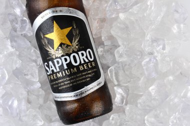 Irvine, Ca - 12 Ocak 2015: Bir şişe Sapporo bira closeup bir yatakta buz. Japon bira Alman eğitimli brewer Seibei Nakagawa tarafından 1876 yılında kurulmuştur. Japonya'nın en eski bira markası olduğunu.