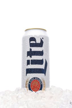 IRVINE, CALIFORNIA - MARCH 21, 2018: A 24 ounce king can of Miller Lite in ice. Introduced in 1975 Miller Lite was the first mainstream light beer.